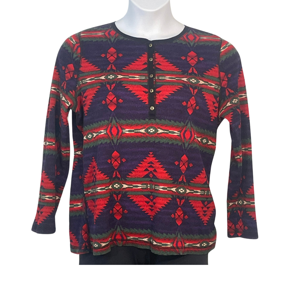 Chaps Denim Women's Plus Sz 1X Waffle Knit Henley Top Tribal Western Print Red